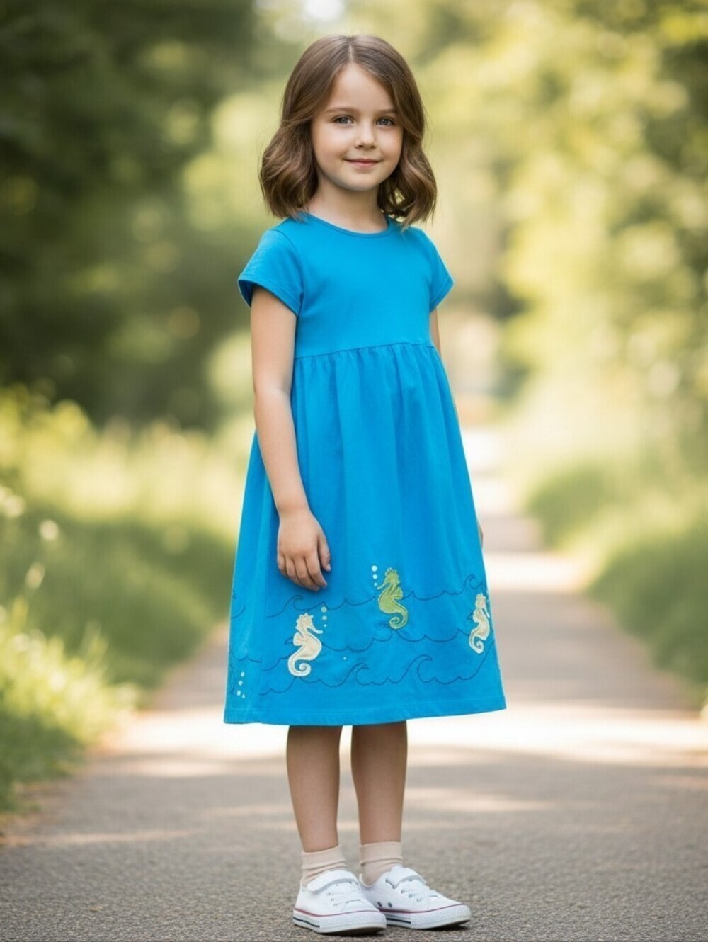 Lands' End Bright Blue Short-Sleeve Seahorse Embroidered Dress Size 7.